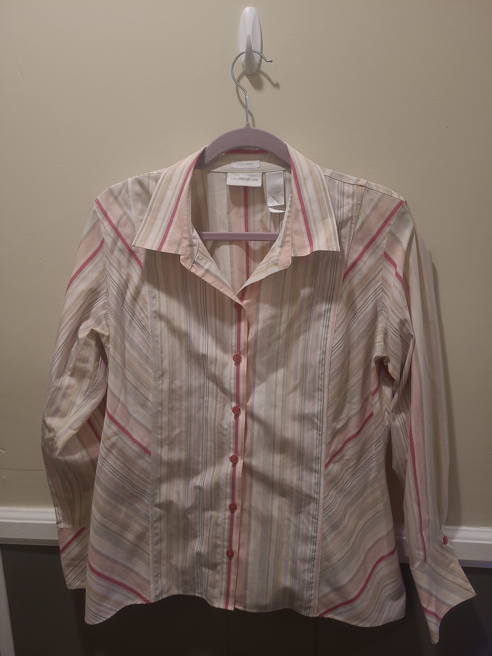 LIZ CLAIBORNE, WOMEN'S MULTI-COLOR COTTON LONG SLEEVED STRIPED BLOUSE, SIZE 14